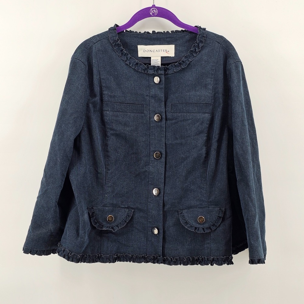 Women's Doncaster Chambray Jacket Blazer Blue Ruffle Trim Size 18